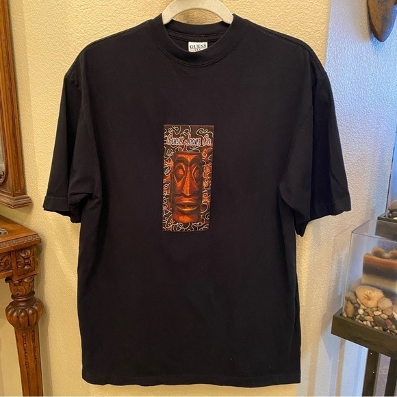Vintage GUESS Black Tribal Graphic T-Shirt Size Medium-Made In USA-Unisex - Picture 1 of 5